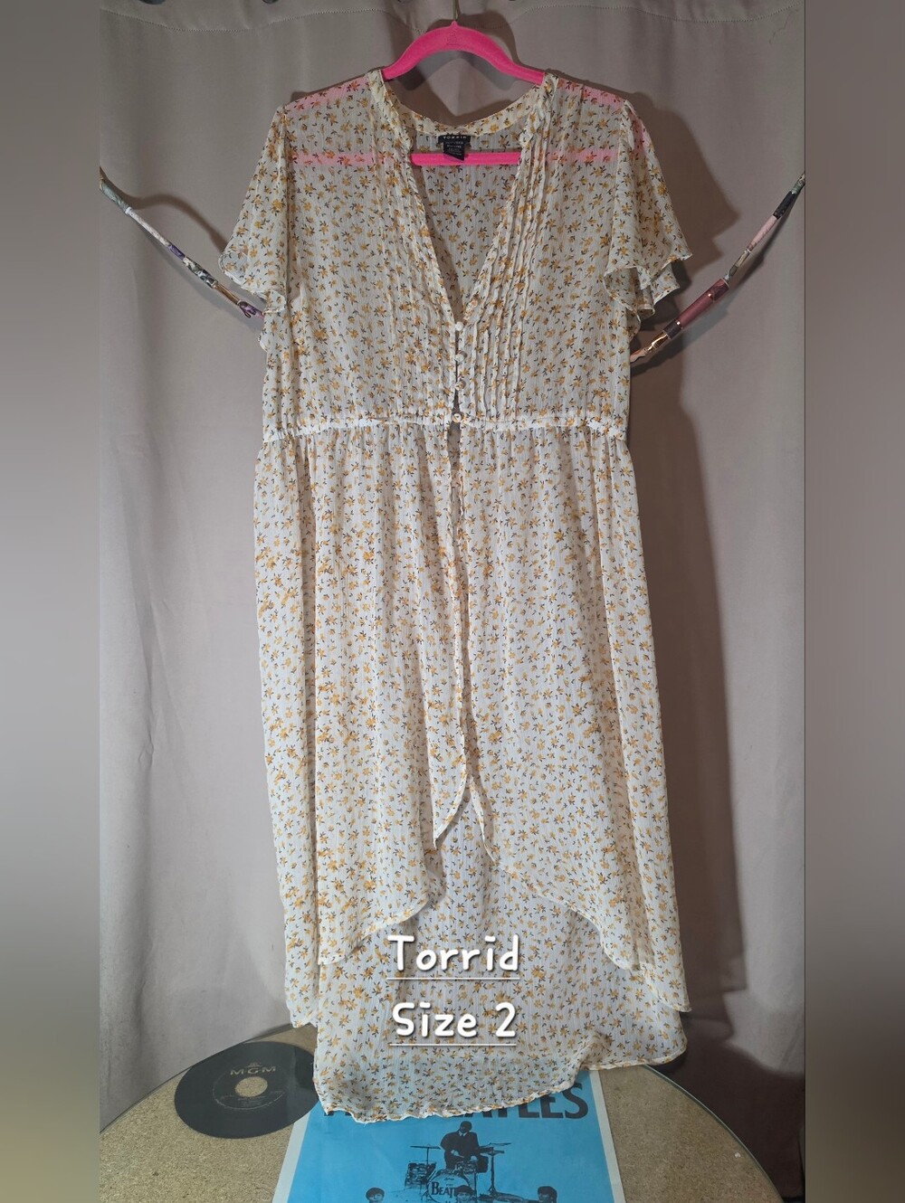 Torrid Size 2 Yellow Floral High-Low Chiffon Tunic Kimono Top